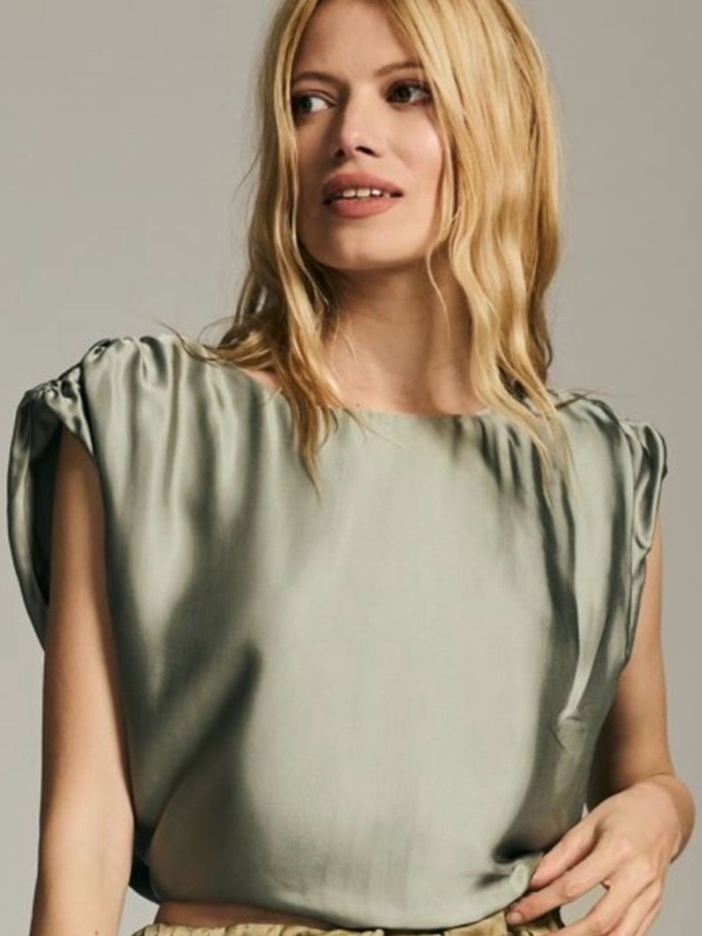 Anthropologie-Silky-Sleeve Top in Sage Green